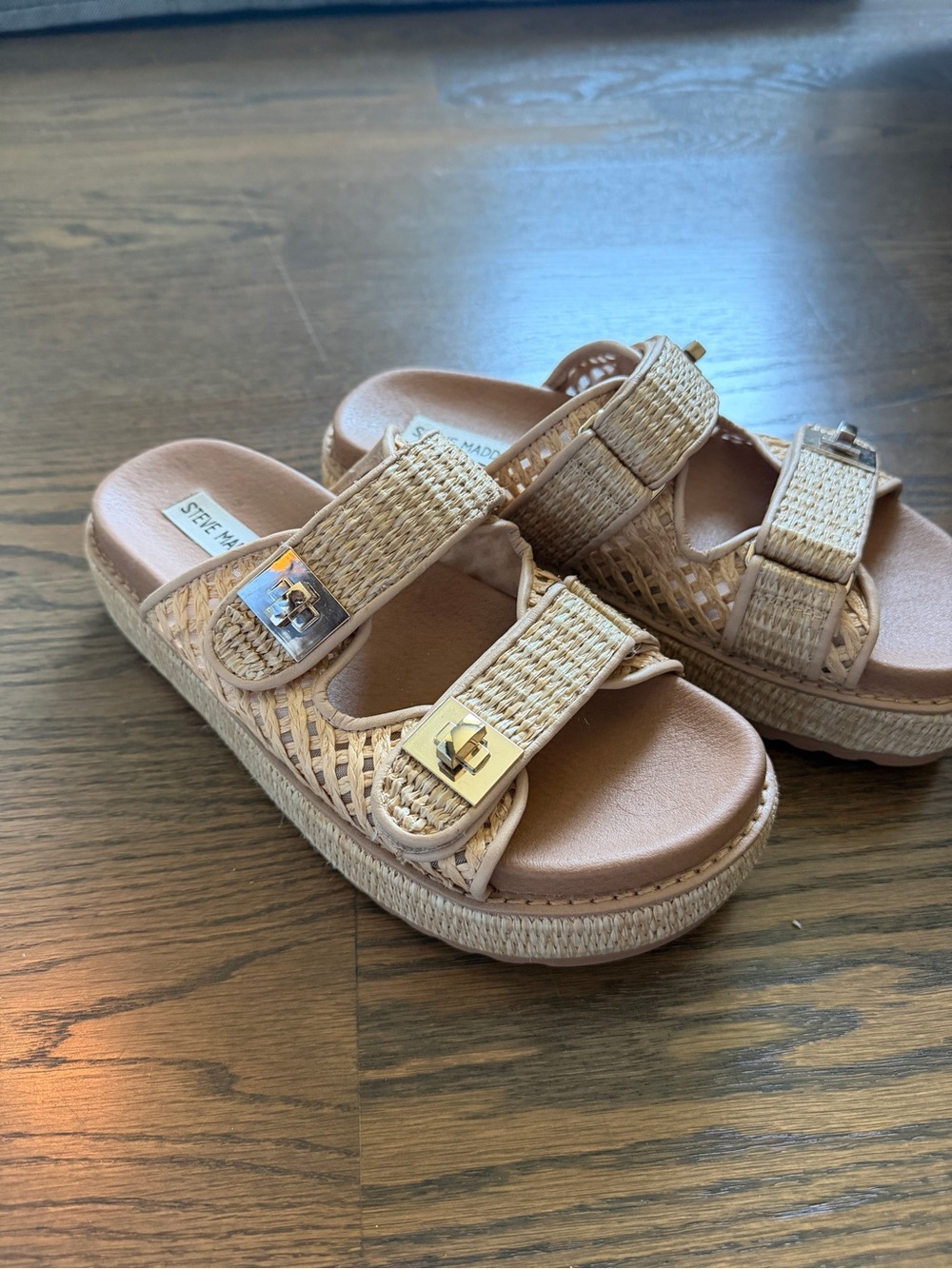 Steve Madden Beige Woven Raffia Platform Slides with Gold Buckles